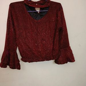 Maroon Shimmery Top With Bell Sleaves For Party