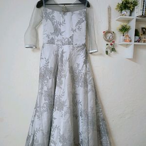 Half Sleeve Round Neck Embroidered Grey Gown