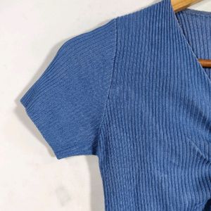 Blue V Neck Ribbed Top