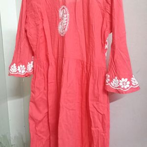 Coral Chikankari Cotton A-line Kurta