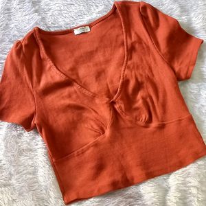 Ribbed Rust Orange V Neck Crop Top