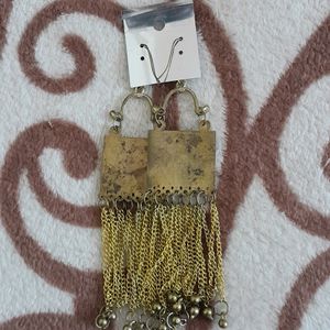 Gold Oxidised Square Earrings With Chain.