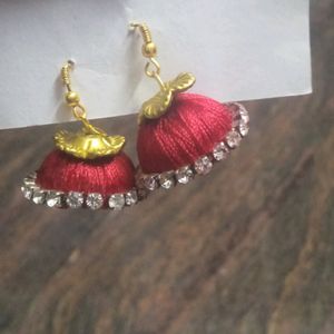 Handmade Silk Thread Earring - Red