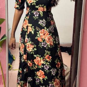 Black Floral Midi Dress Aesthetic New