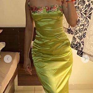 Flower Worked Green Bodycon Dress