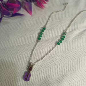 Green Crystal White Chain With Purple Guitar Charm