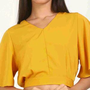 Casual Flared Sleeves Solid Women Yellow Top