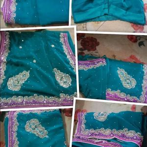 Dark Sea Green Saree With Blouse