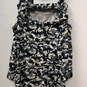 Collar Camouflage Print Cold Shoulder Shirt