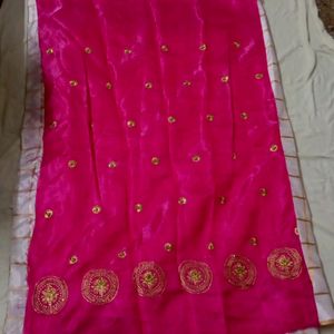 Pink,White And Golden Festive Saree