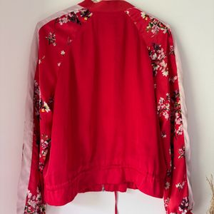 Red Bomber Jacket With Floral Sleeve Detailing