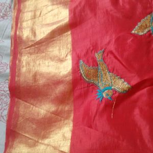 Red Bird Embroidery Design Saree