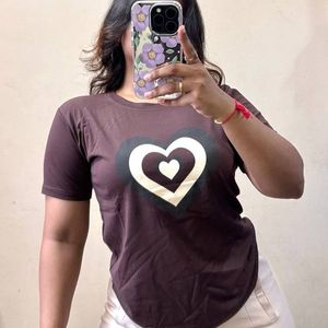 Brown Heart Print T-shirt