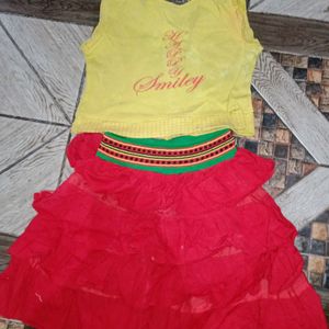 Yellow Top With Red Flayered Skirt