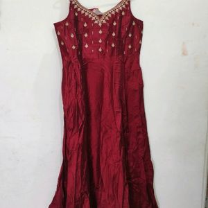 Maroon Anarkali with golden printed dupatta