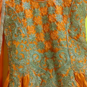 Beautiful Orange Gown With Pant And Dupatta