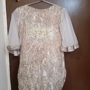 White Beige Top With Net Sleeves