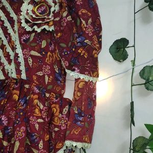 Maroon Colour Printed Wrap Dress With Multi Layer