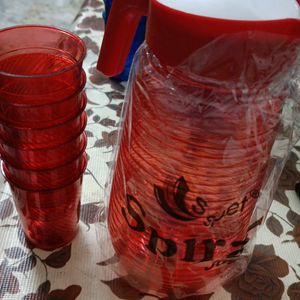 6 Pcs Glass+ Jug Set Of Plastic Red Colour 💯