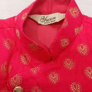 Dark Pink Golden Print Kurta Pyjama Boys