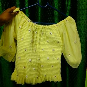 Yellow Net Croched Flower Crop Top