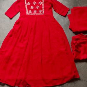 New Red Embroidered Kurta Set