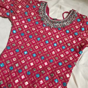 Hot Pink Neck Embroidery Kurta Set