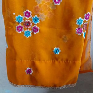 Flower Embroidered Orange Saree