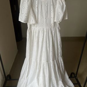 White Cotton  Schiffli Embroidered Tiered Maxi