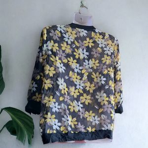 Floral Print Full Zip Fashion Top