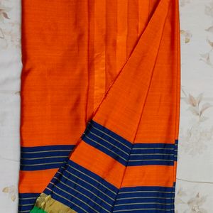 Traditional Orange With Green Blue Border Saree