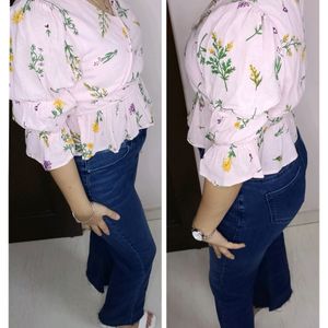 Only Brand Women Pink Floral Elastic Peplum Top