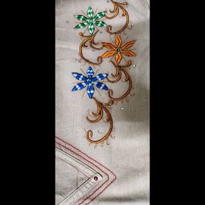 Beige Colur Embroidery Wide Leg Jeans