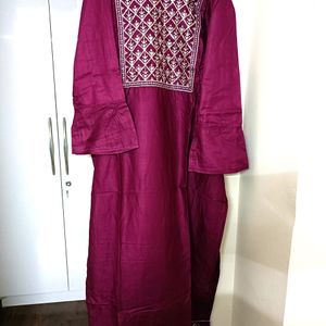 Sequence Neck Work Wine Cotton Stitched Kurta