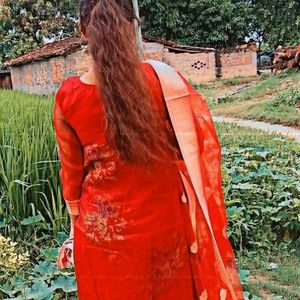 Red Suit Pant Set With Dupatta