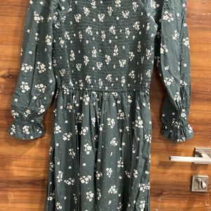 Dark Green Flared Floral Print Dress By Pantaloons