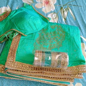 Heavy Stone Work Green Saree