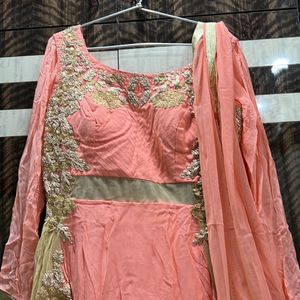 Peach Gown With Dupatta And Pant M-XL