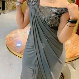 Grey Party Wear Saree With Blouse 34 Bust