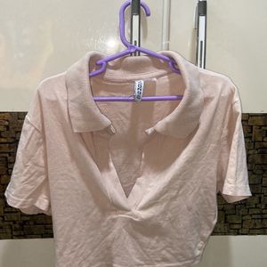 h&m combo cropped collared top white and baby pink