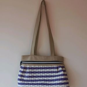 Beige Handbag With Purple And White Stripes