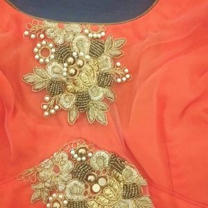 Royal Blue Saree With Coral Orange Blouse