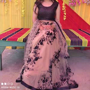 Beige And Black Colour Lehenga(With Earrings)