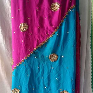 Embroidery Work Sree Two Colours Pink And Sky Blue