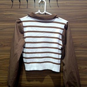 Korean Brown & White Collared Top