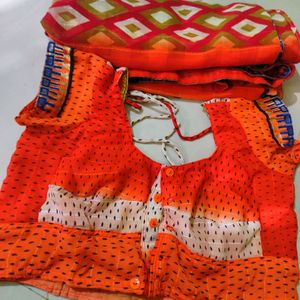 Radiant Deep Orange Saree & Blouse Combo