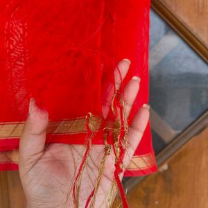 Bright Red Dupatta With Gold Zari Border