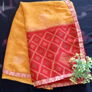 Mustard and red Colour Light work Saree