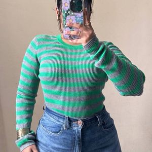 Green Stripe Ribbed Top