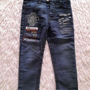 Dark Navy Blue Printed Jeans For Boy's